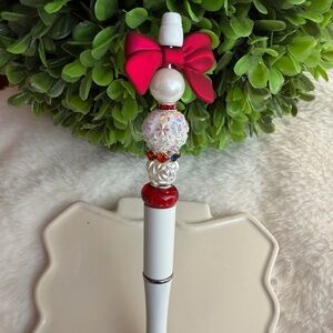 Handmade Red and White Beaded Decorative Pens with Bows